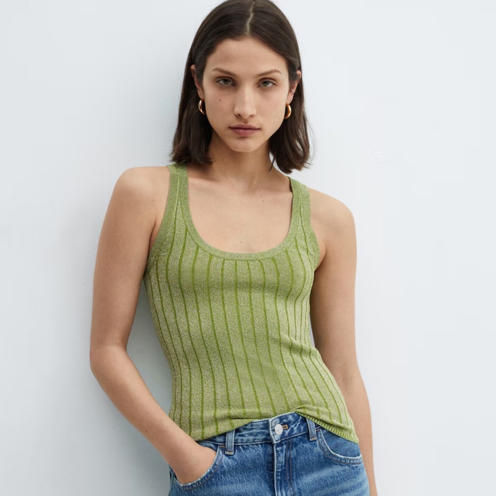 Mango Lurex Knitted Ribbed Sleeveless Top‎ In Green Size M NWT